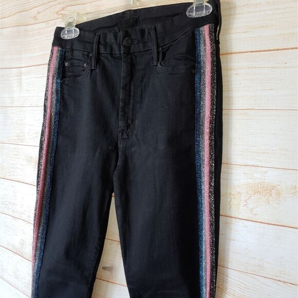 Mother High Waist Looker Ankle Fray Guilty Glitter Racer Skinny Jeans Black - Picture 5 of 13